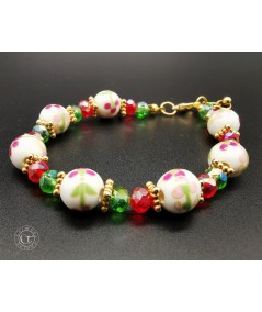 PULSERA DE CERÁMICA Y CRISTAL FACETADO VERDE Y ROJO