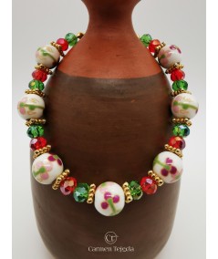 PULSERA DE CERÁMICA Y CRISTAL FACETADO VERDE Y ROJO