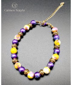 PULSERA DORADA DE CERÁMICA AMARILLA Y MORADA