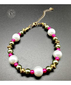 PULSERA DORADA DE PERLAS DE CRISTAL VERDE Y FUCSIA