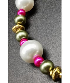 PULSERA DORADA DE PERLAS DE CRISTAL VERDE Y FUCSIA