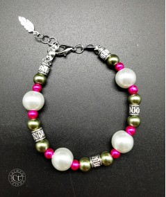 PULSERA PLATEADA DE PERLAS DE CRISTAL VERDE Y FUCSIA