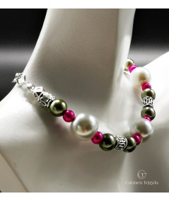 PULSERA PLATEADA DE PERLAS DE CRISTAL VERDE Y FUCSIA