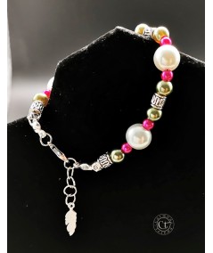 PULSERA PLATEADA DE PERLAS DE CRISTAL VERDE Y FUCSIA