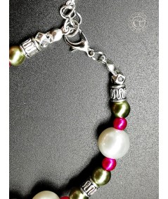 PULSERA PLATEADA DE PERLAS DE CRISTAL VERDE Y FUCSIA