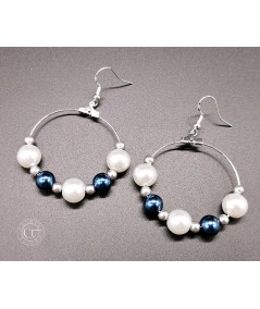 PENDIENTES DE ARO DE PERLAS DE CRISTAL AZUL Y BLANCO