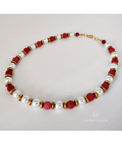 COLLAR DE CUARZO ROJO Y PERLAS DE CRISTAL
