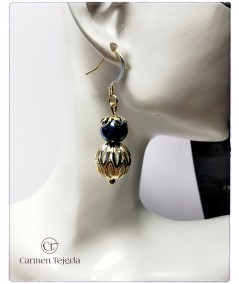 Pendientes de perlas de cristal azul y blanco