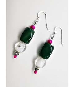PENDIENTES DE ABALORIOS DE CRISTAL Y PERLAS DE CRISTAL FUCSIA