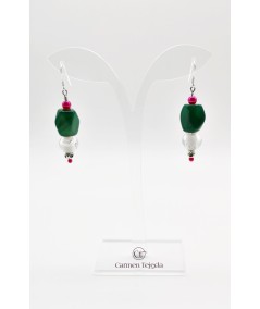 PENDIENTES DE ABALORIOS DE CRISTAL Y PERLAS DE CRISTAL FUCSIA