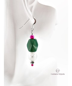 PENDIENTES DE ABALORIOS DE CRISTAL Y PERLAS DE CRISTAL FUCSIA