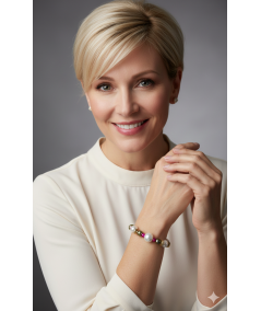 PULSERA DORADA DE PERLAS DE CRISTAL VERDE Y FUCSIA