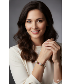 PULSERA DORADA DE PERLAS DE CRISTAL VERDE Y FUCSIA