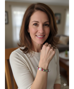 PULSERA PLATEADA DE PERLAS DE CRISTAL VERDE Y FUCSIA