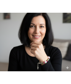 PULSERA PLATEADA DE PERLAS DE CRISTAL VERDE Y FUCSIA