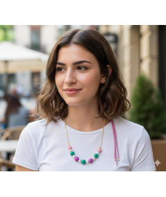 COLLAR DE PERLAS DE CRISTAL Y LAVA COLOR ROSA Y VERDE