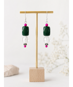 PENDIENTES DE ABALORIOS DE CRISTAL Y PERLAS DE CRISTAL FUCSIA