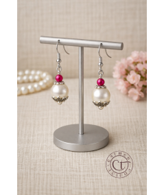 Pendientes de perlas de cristal blanco y fucsia