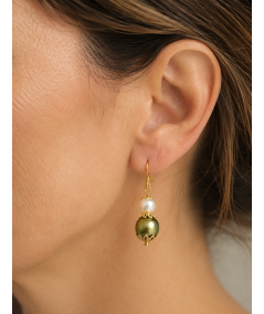 Pendientes de perlas de cristal verde y blanco