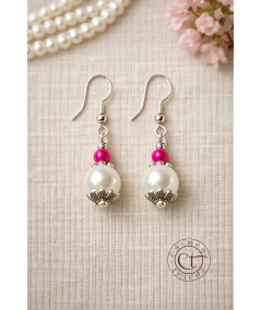 Pendientes de perlas de cristal blanco y fucsia