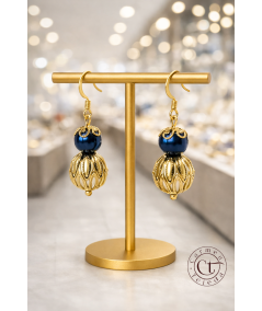 Pendientes de perlas de cristal azul y blanco